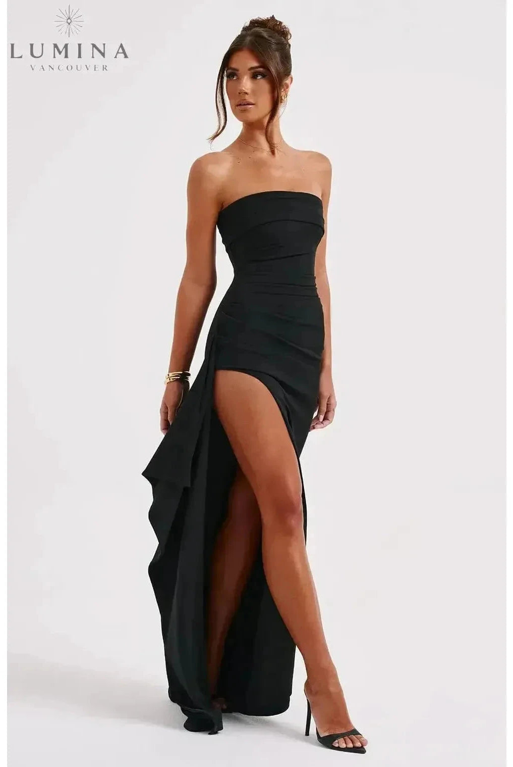 Black Ailiana Radiance Split Dress by Lumina Wear, featuring a stylish silhouette and elegant design, perfect for special occasions.