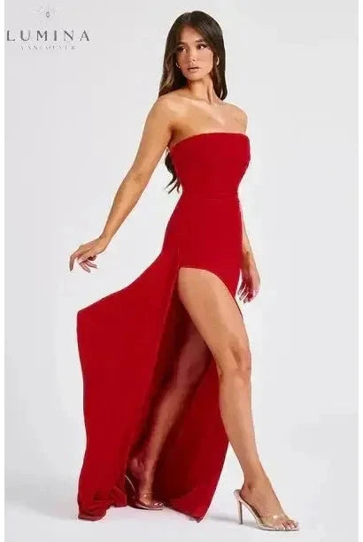 Black Ailiana Radiance Split Dress by Lumina Wear, featuring elegant design and stylish split detail, perfect for evening wear.