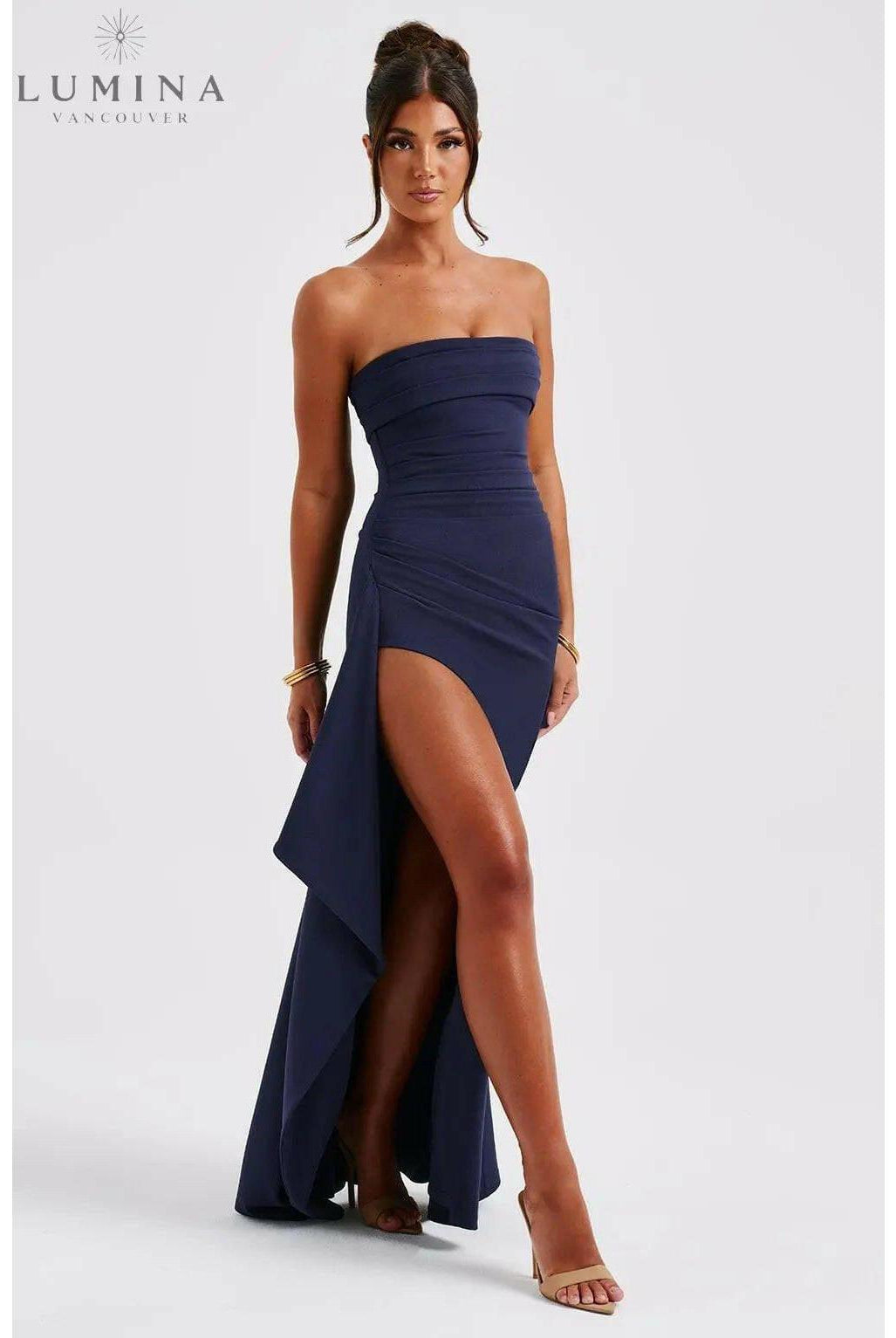 Black Ailiana Radiance Split Dress by Lumina Wear, shown on a size S model, featuring elegant design and split details.