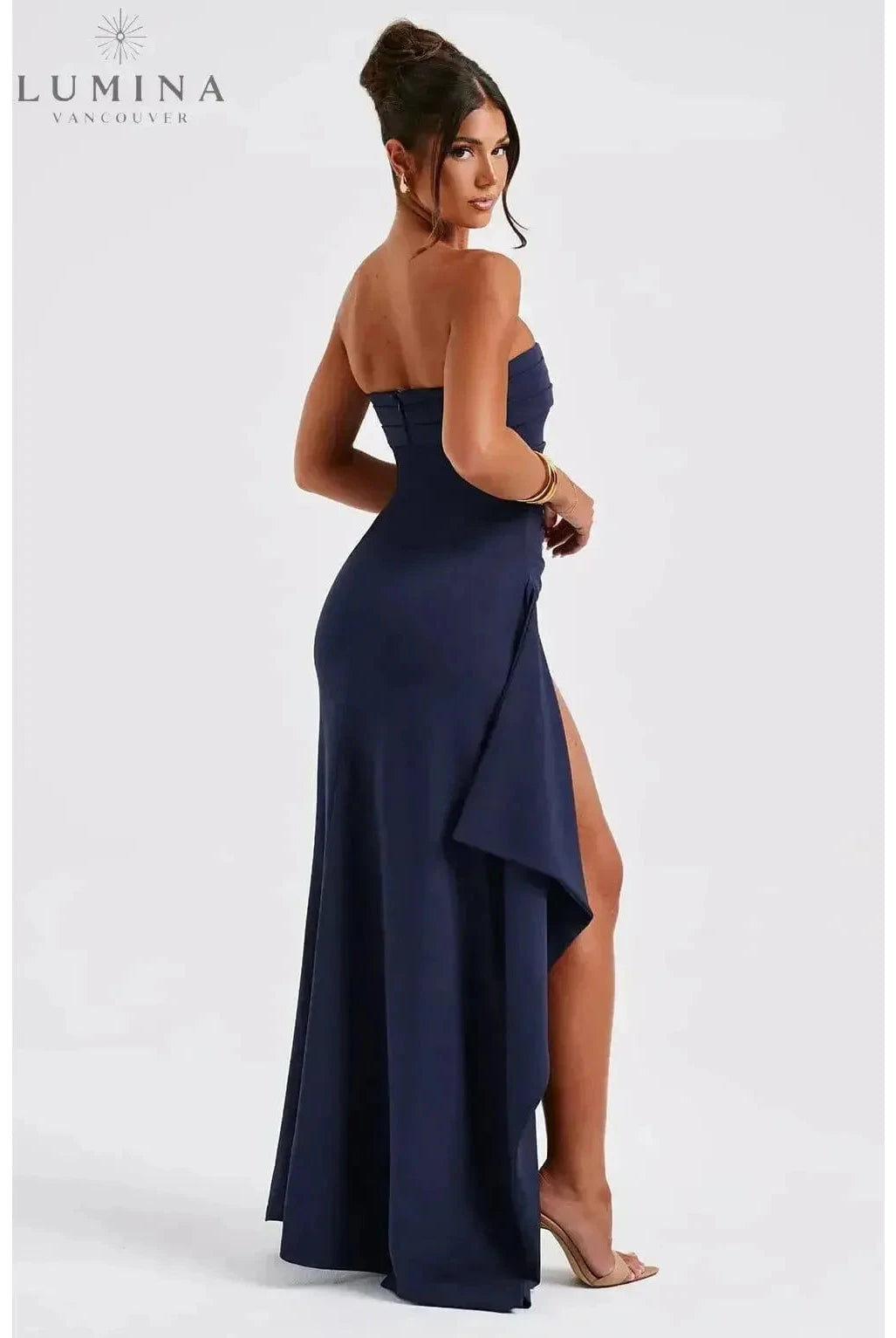 Black Ailiana Radiance Split Dress by Lumina Wear, featuring elegant design and stylish split detail, perfect for evening wear.