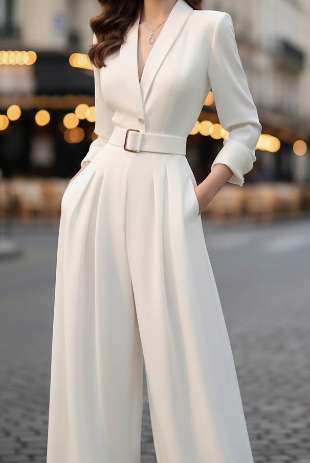 Ivory belted power jumpsuit by Lumina Vancouver featuring a fitted waist and wide-leg design, worn by a model.