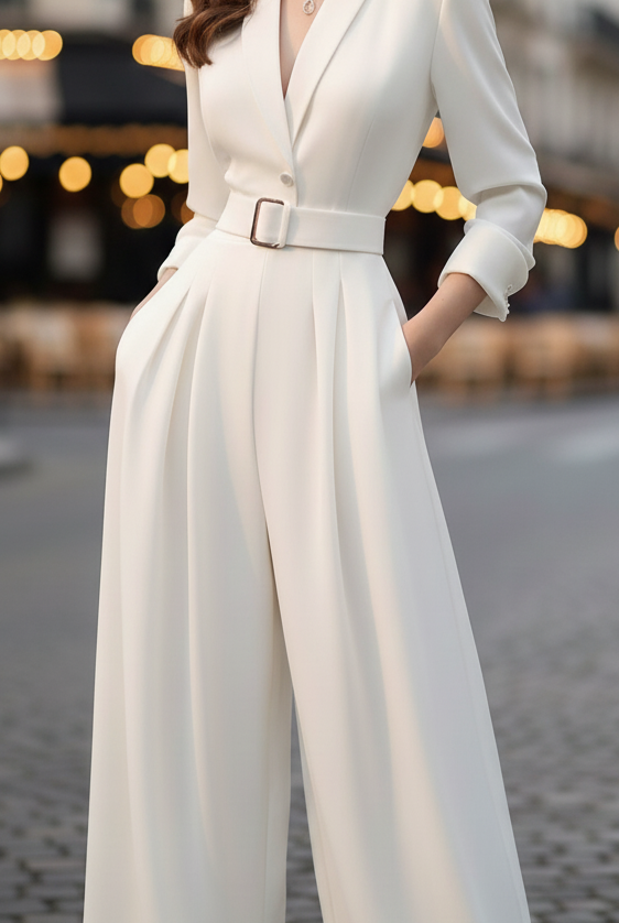 Ivory belted power jumpsuit from Lumina Vancouver, featuring a sleek fit and stylish design, worn by a model.