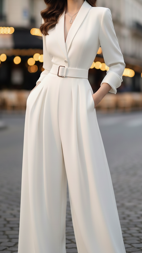 Ivory belted power jumpsuit from Lumina Vancouver, featuring a sleek fit and stylish design, worn by a model.