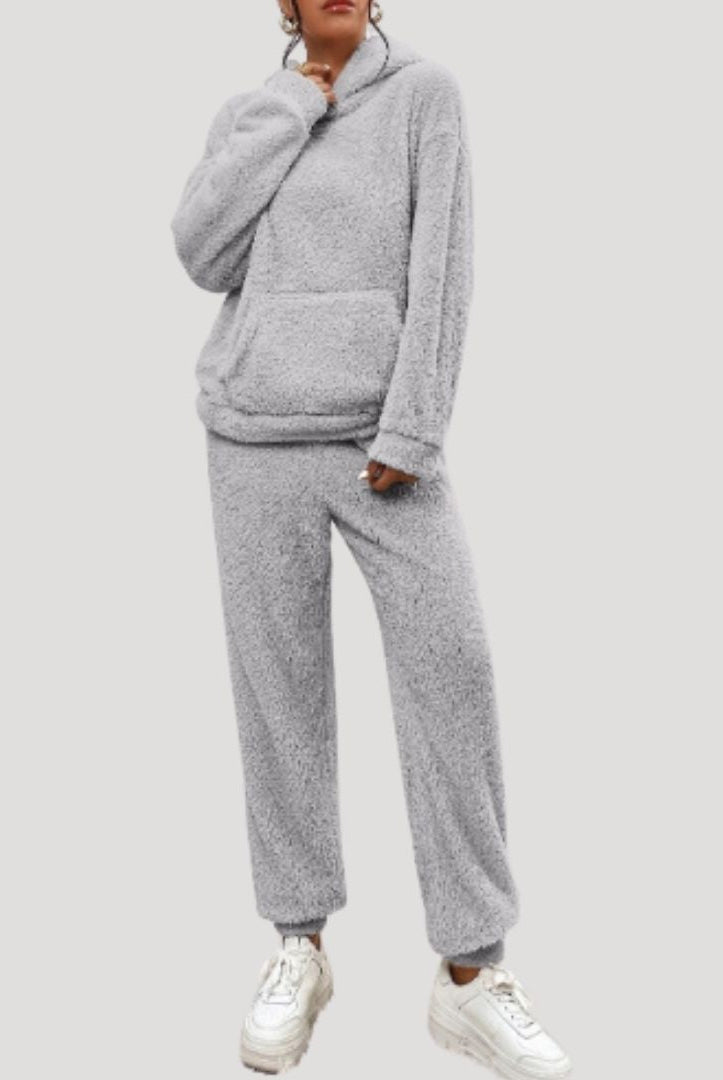 Blue Lumina Wear Alexa cozy hooded two-piece lounge set, featuring a flattering fit and comfortable loungewear style.