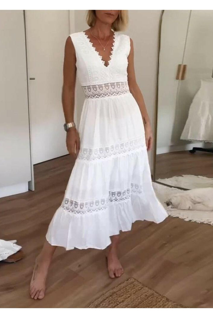 Lumina Vancouver Alexa Lace V-Neck Cami Dress, stylish sleeveless dress with lace details, perfect for versatile occasions.