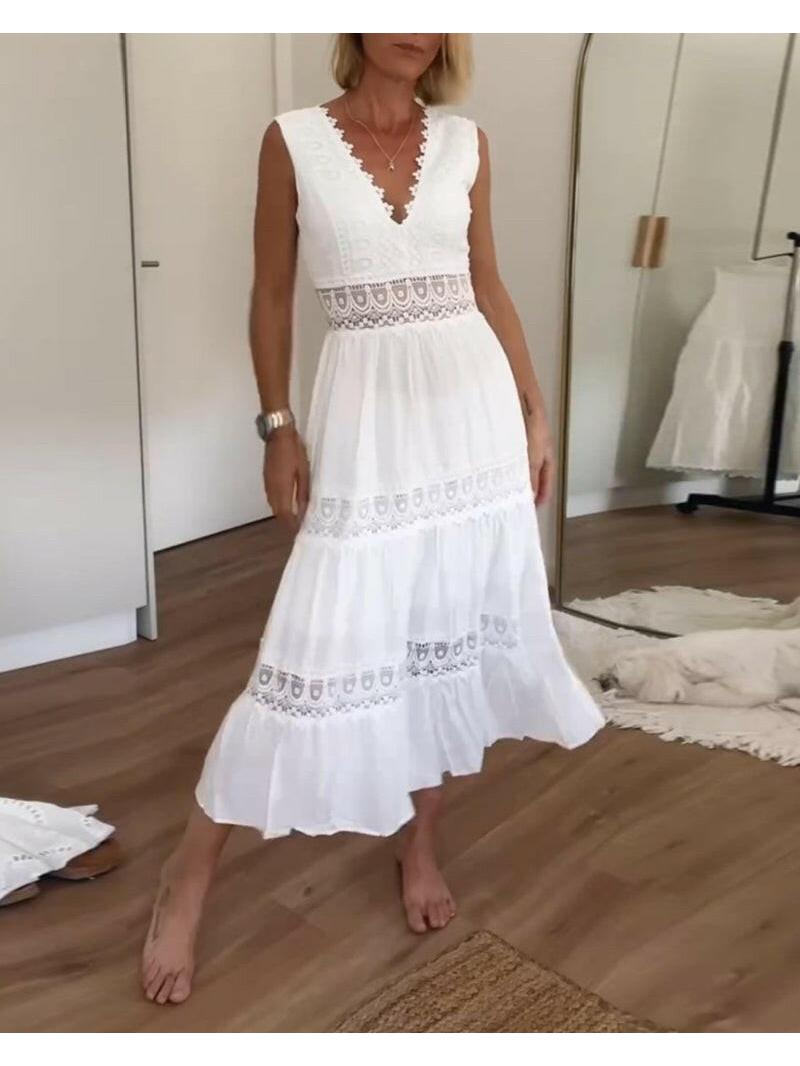 Lumina Vancouver Alexa Lace V-Neck Cami Dress, stylish sleeveless dress with lace details, perfect for versatile occasions.