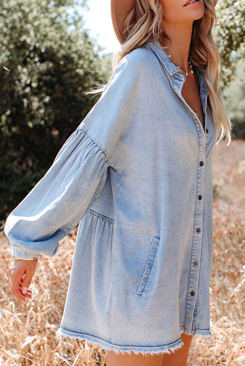 Light blue Alexandriana denim shirt dress by Lumina Vancouver, styled as a casual mini dress with button front and collar detail.