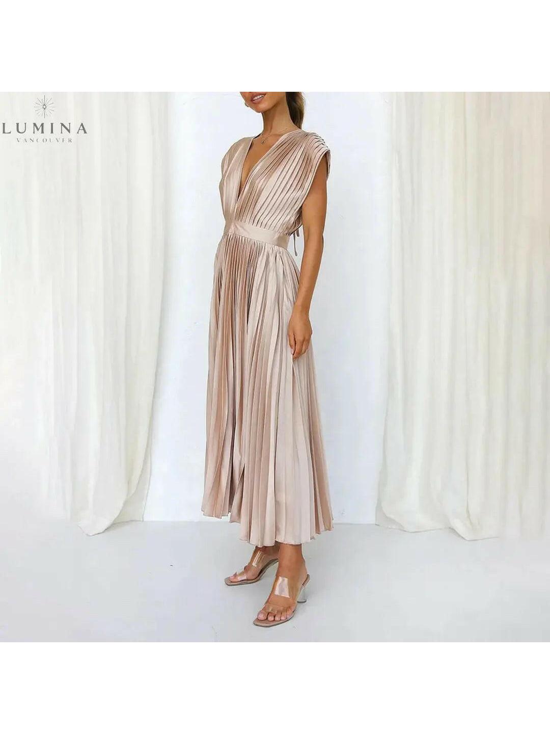 Alexia elegant champagne wedding guest dress by Lumina Vancouver, size 8-10, with a stylish and sophisticated design.