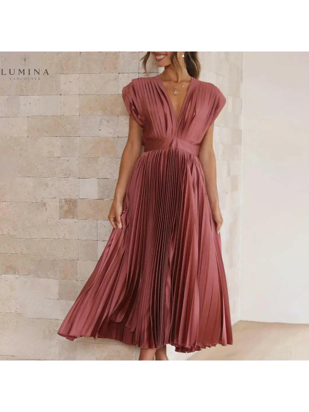 Alexia elegant champagne wedding guest dress by Lumina Vancouver, stylish and sophisticated for special occasions.