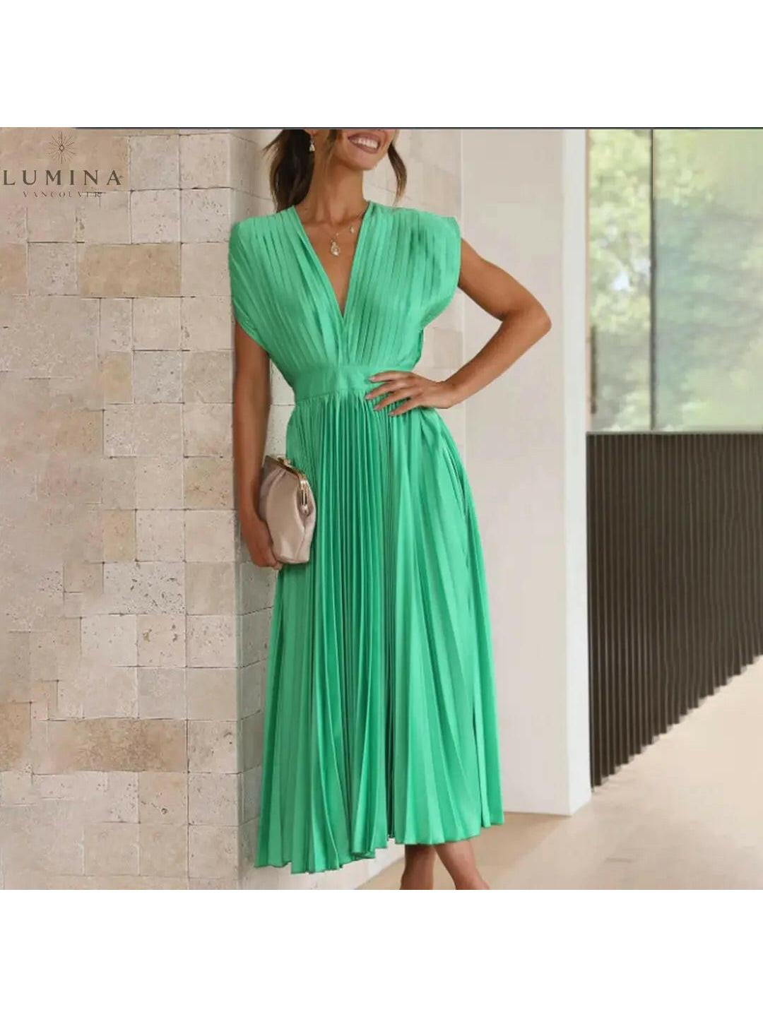 Alexia elegant champagne wedding guest dress by Lumina Vancouver, stylish and sophisticated for special occasions.