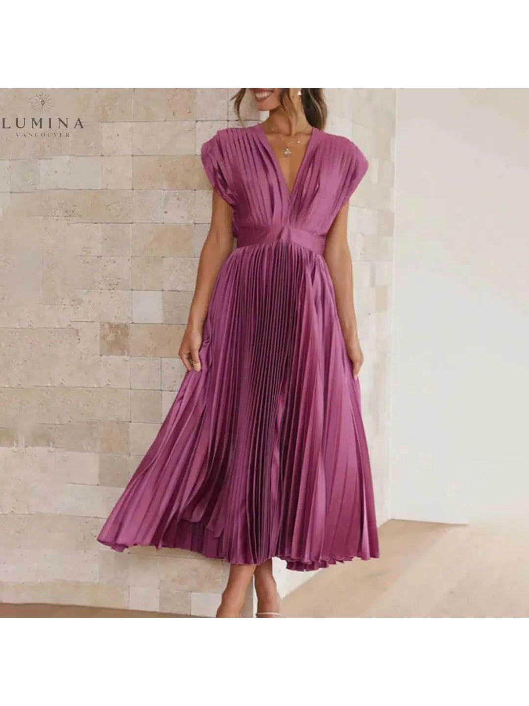 Alexia elegant wedding guest dress in champagne color, by Lumina Vancouver, featuring a stylish and sophisticated design.
