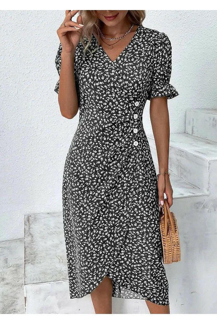 Green Alexxe modern chic floral dress by Lumina Vancouver, featuring a stylish design and elegant fit.
