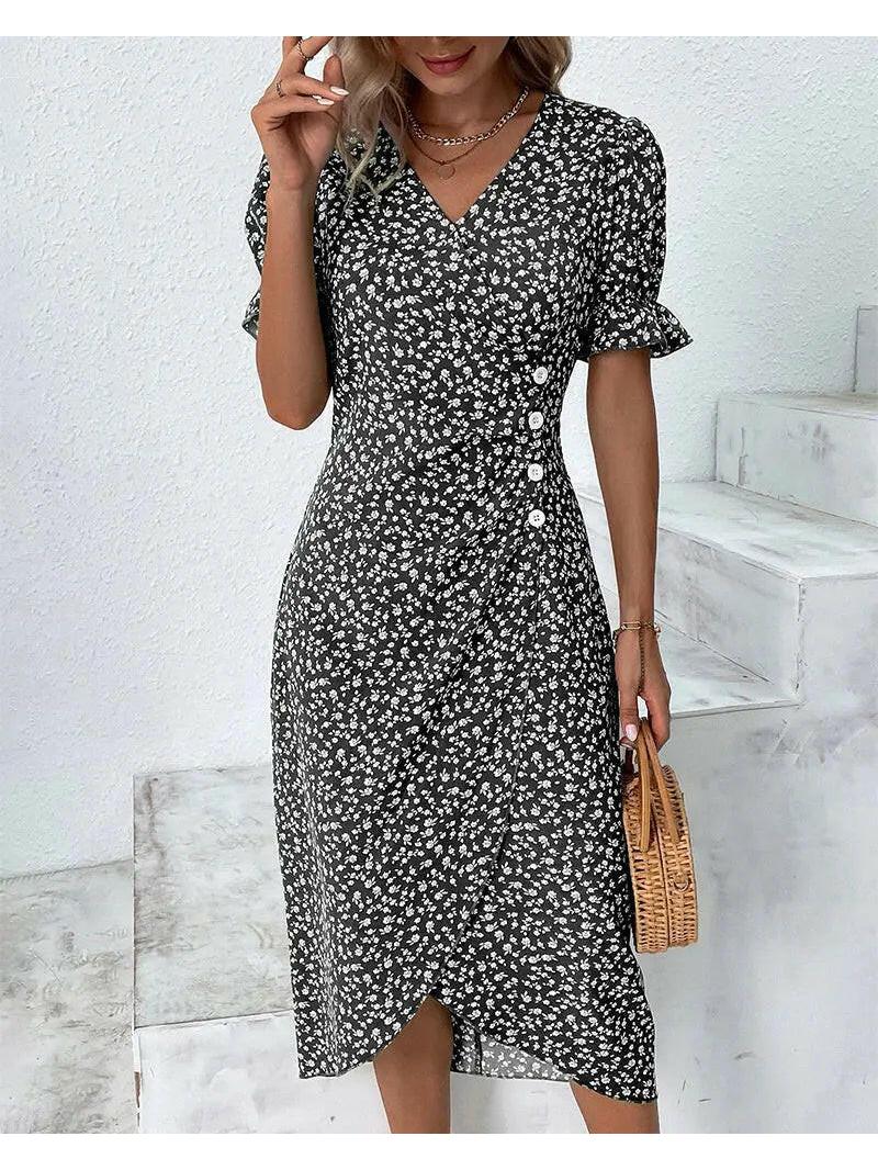 Green Alexxe modern chic floral dress by Lumina Vancouver, featuring a stylish design and elegant fit.