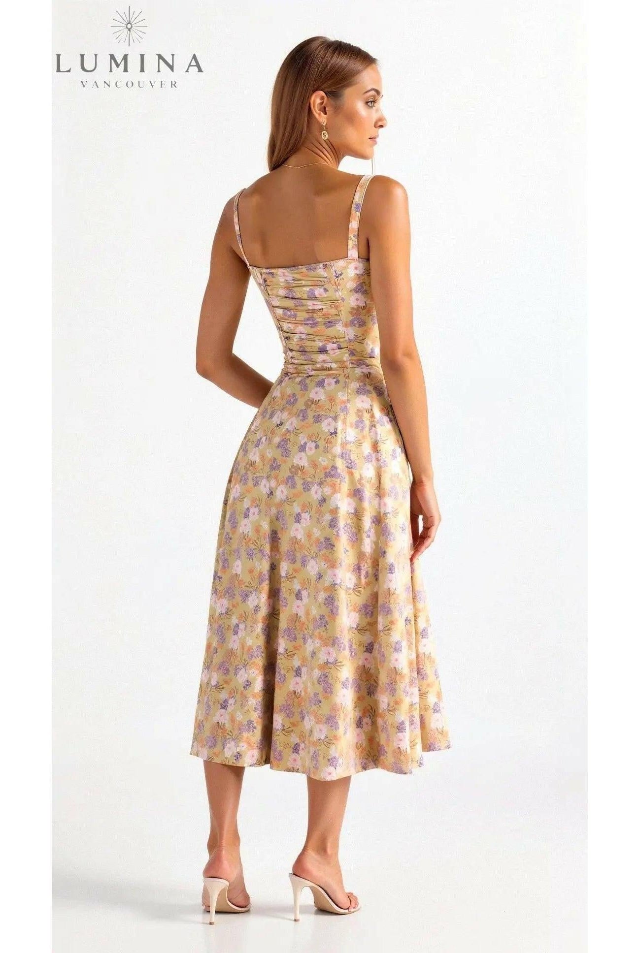 Yellow Lumina Wear Alina elegant waist dress, flattering evening dress with chic style, perfect for wedding guests.