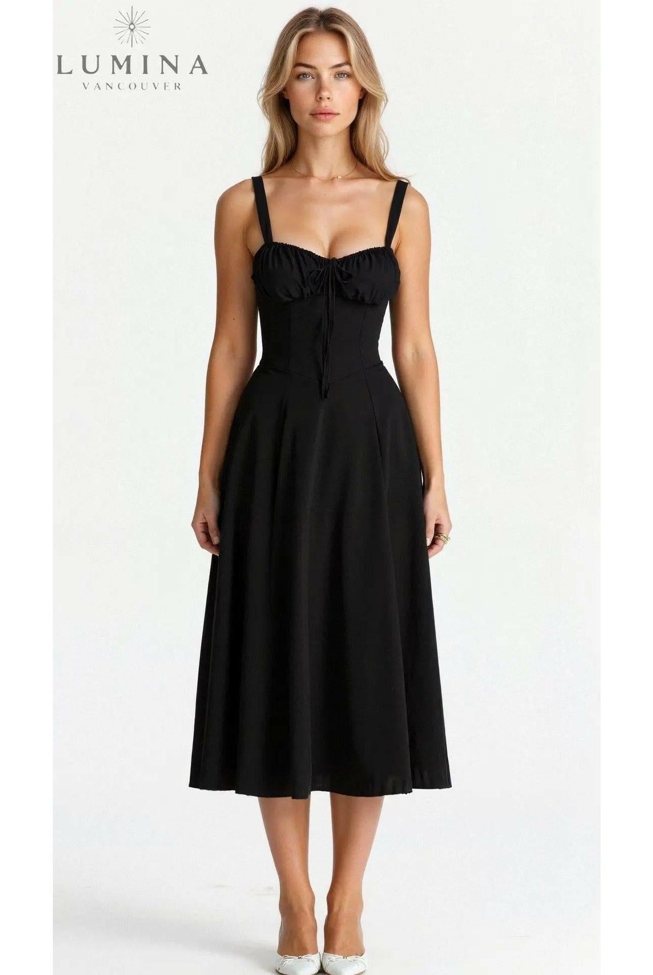 Yellow Lumina Wear Alina evening waist dress, elegant and flattering for wedding guests, shown from the front.