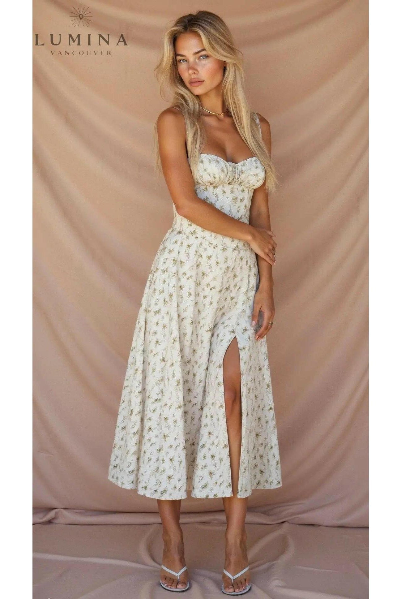 Yellow Lumina Wear Alina waist dress, elegant evening dress with flattering fit, perfect for chic wedding guest attire.