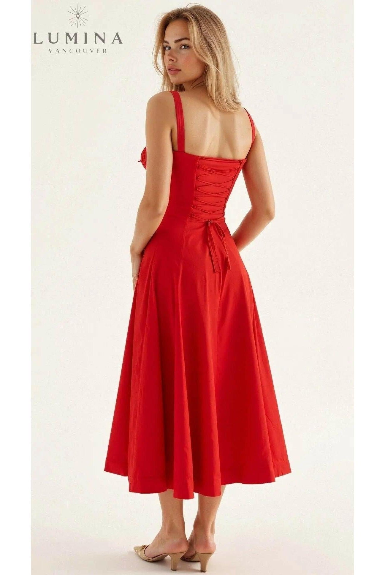 Yellow Lumina Wear Alina elegant waist dress, flattering evening dress with chic style, perfect for wedding guests.