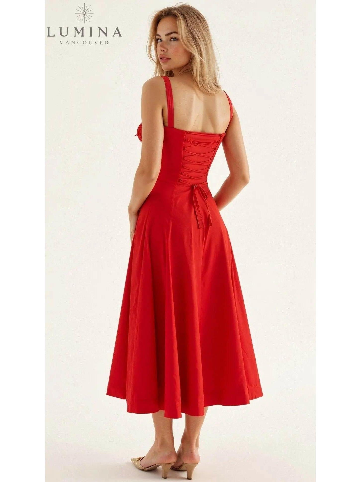 Yellow Alina waist dress by Lumina Vancouver, elegant and flattering wedding guest dress with chic style and feminine silhouette.