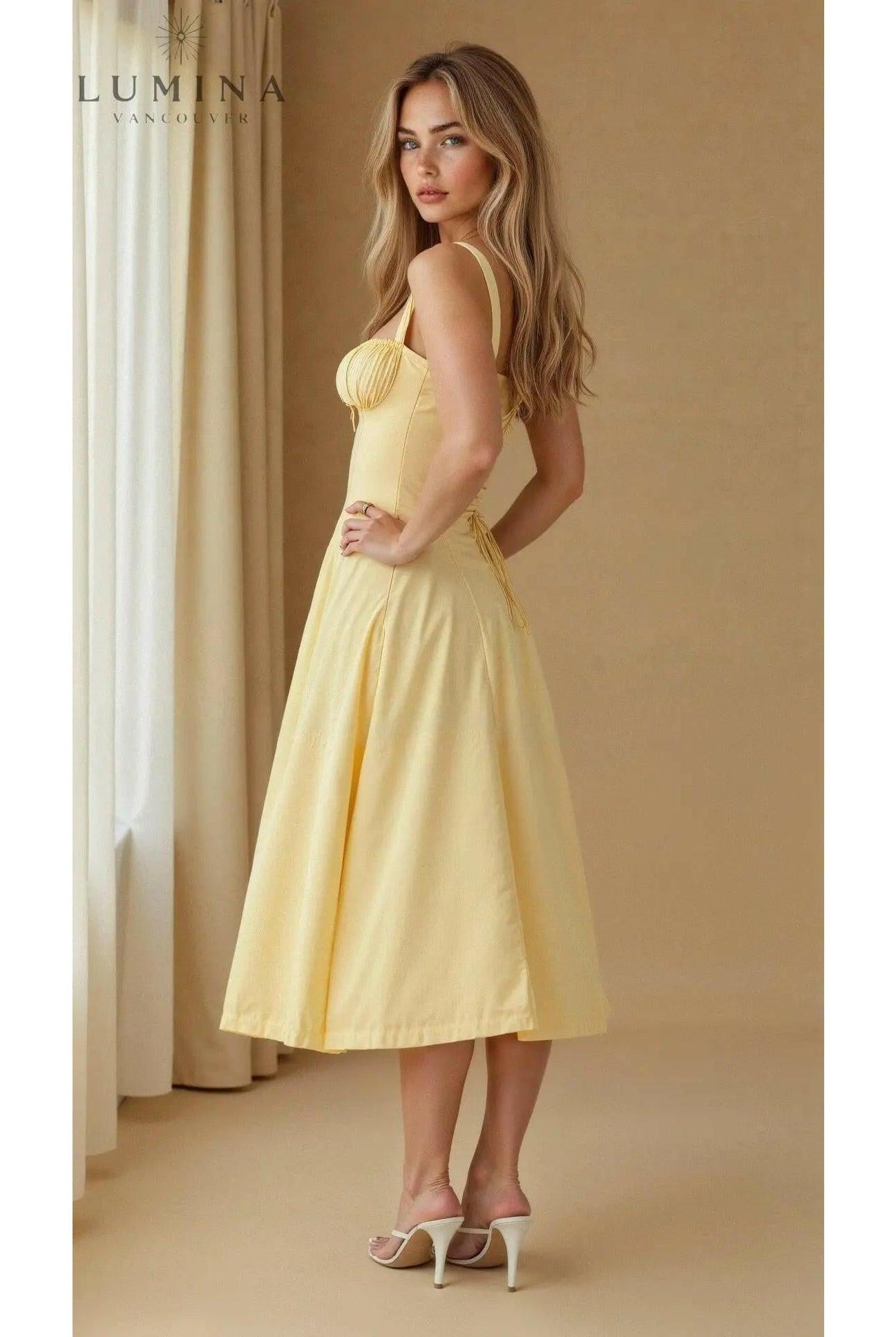 Yellow Lumina Wear Alina elegant waist dress, flattering and chic evening dress perfect for wedding guests.