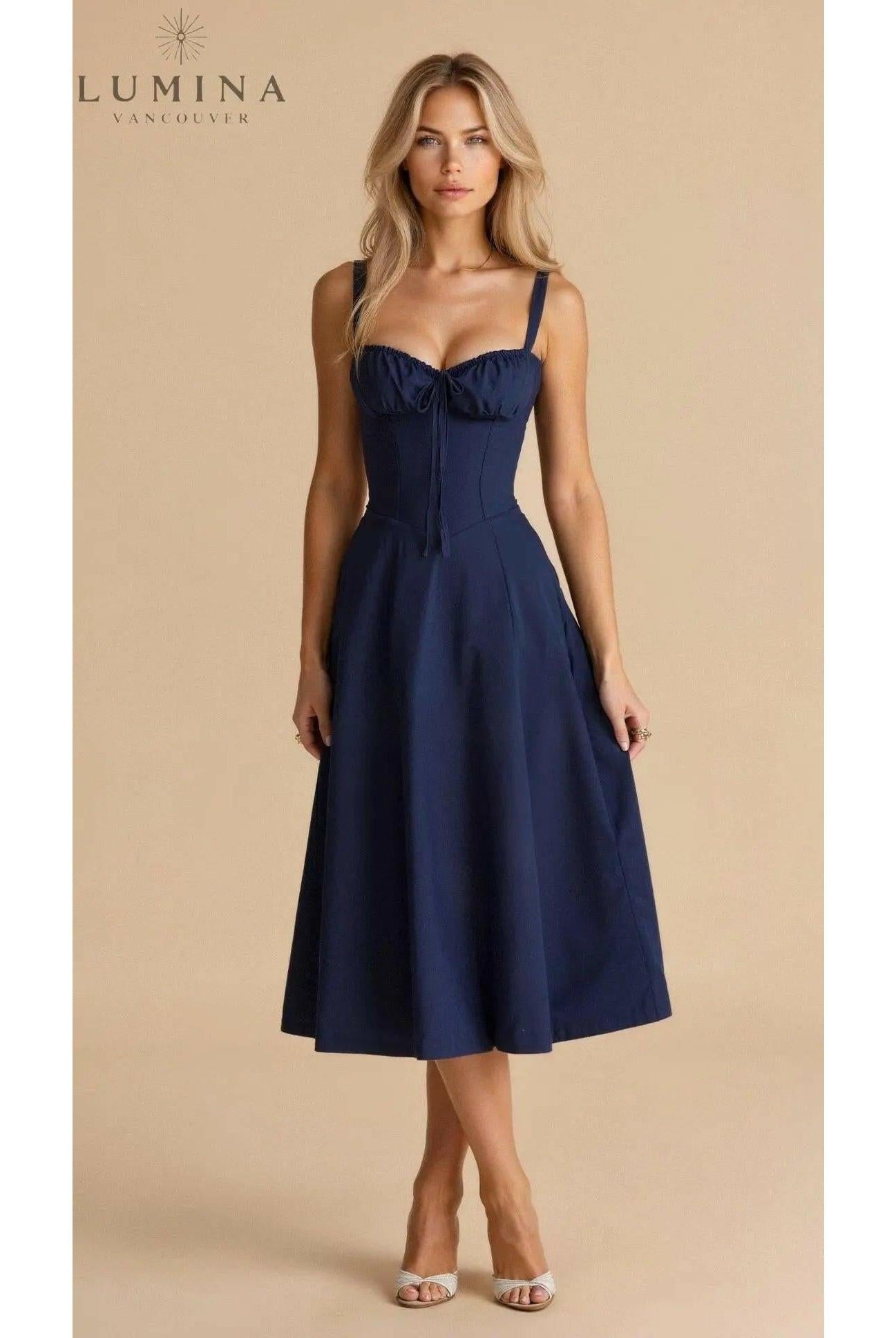 Yellow Alina waist dress by Lumina Wear, elegant evening dress with flattering fit, perfect for wedding guests.