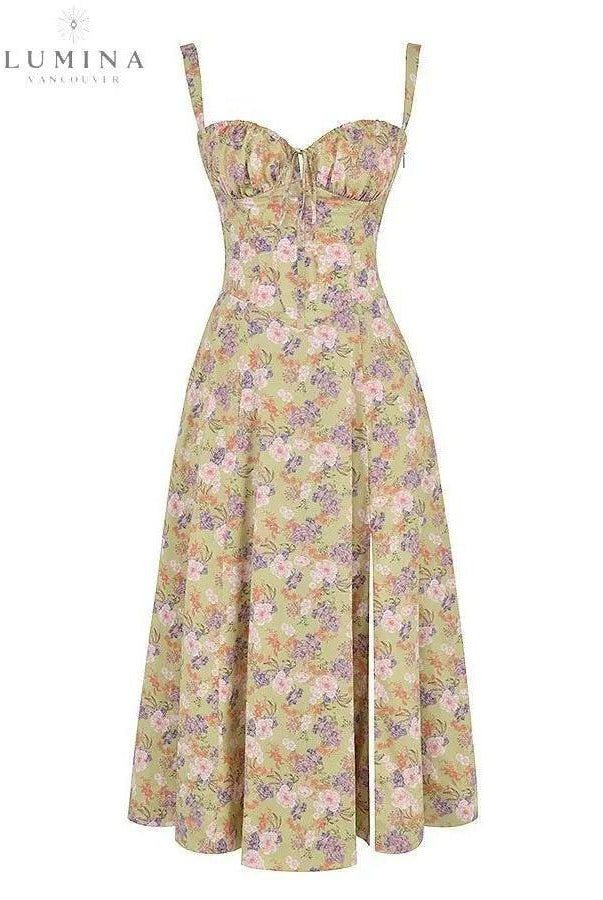Yellow Alina waist dress by Lumina Wear, elegant evening dress with flattering fit, perfect for wedding guests.