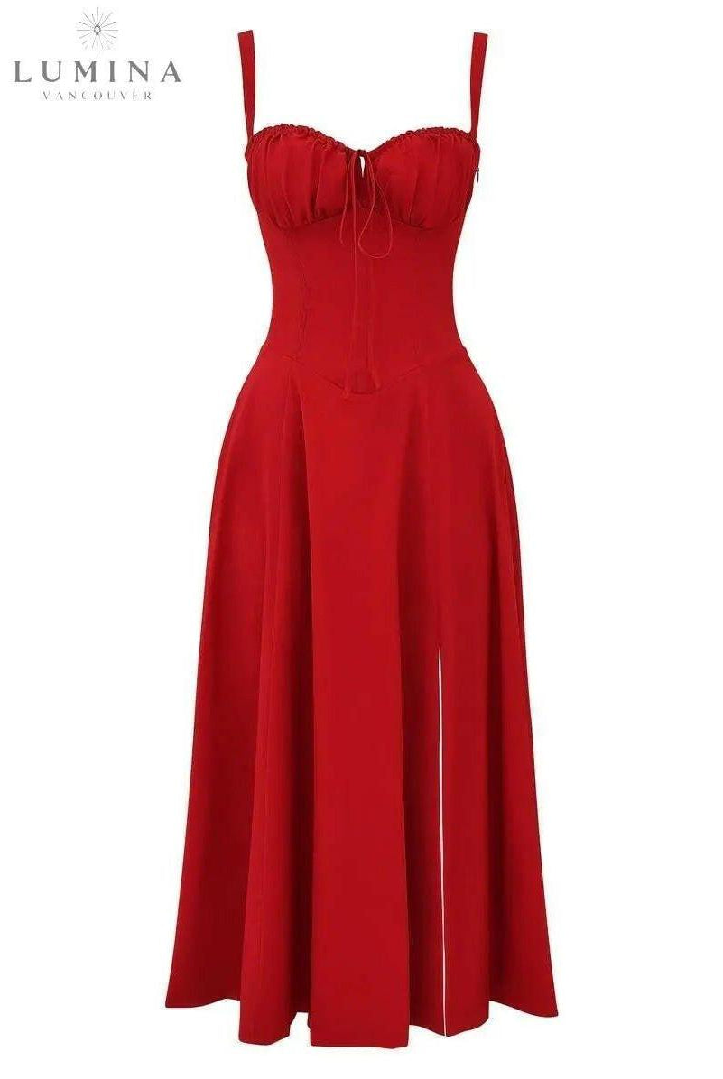 Yellow Alina waist dress by Lumina Wear, elegant evening dress with flattering fit, perfect for wedding guests.