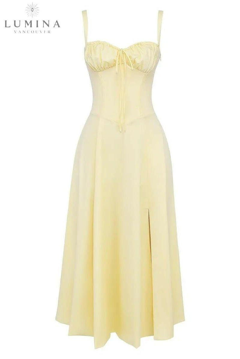 Lumina Wear Alina elegant yellow waist dress, chic evening dress with flattering fit, perfect for wedding guests.