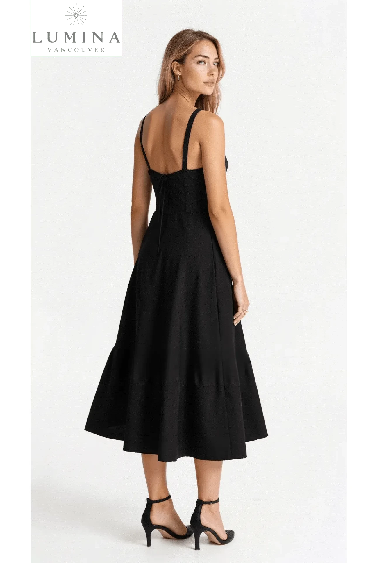 Yellow Alina waist dress by Lumina Wear, elegant evening dress with a flattering, chic design perfect for wedding guests.