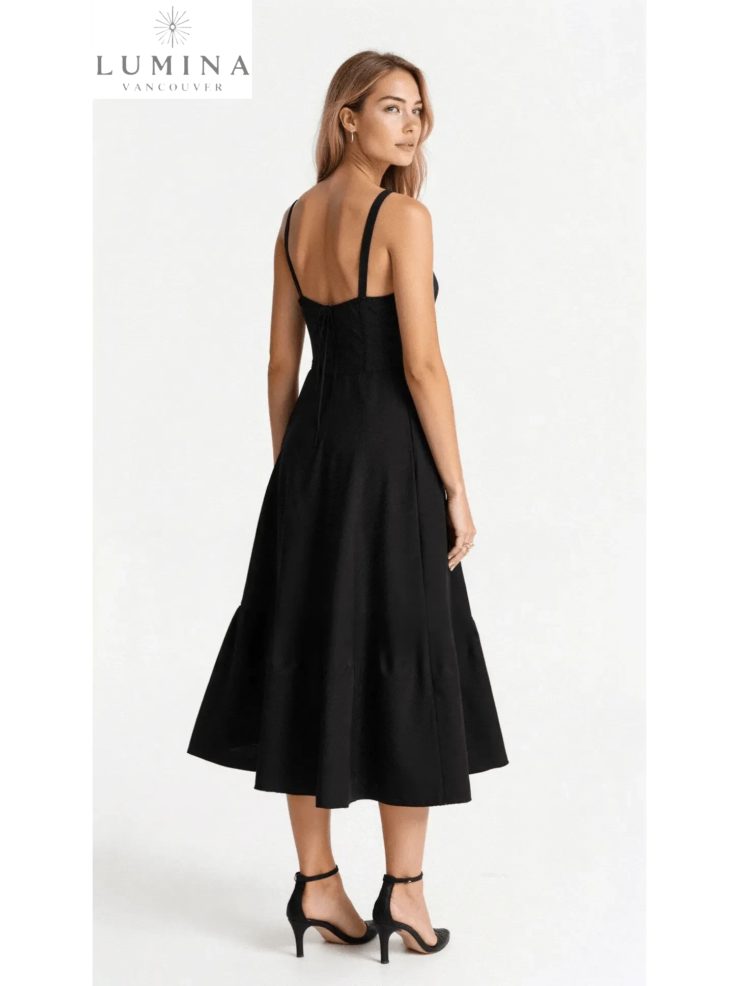 Yellow Alina waist dress by Lumina Vancouver, elegant and flattering wedding guest dress with chic style and comfortable fit.