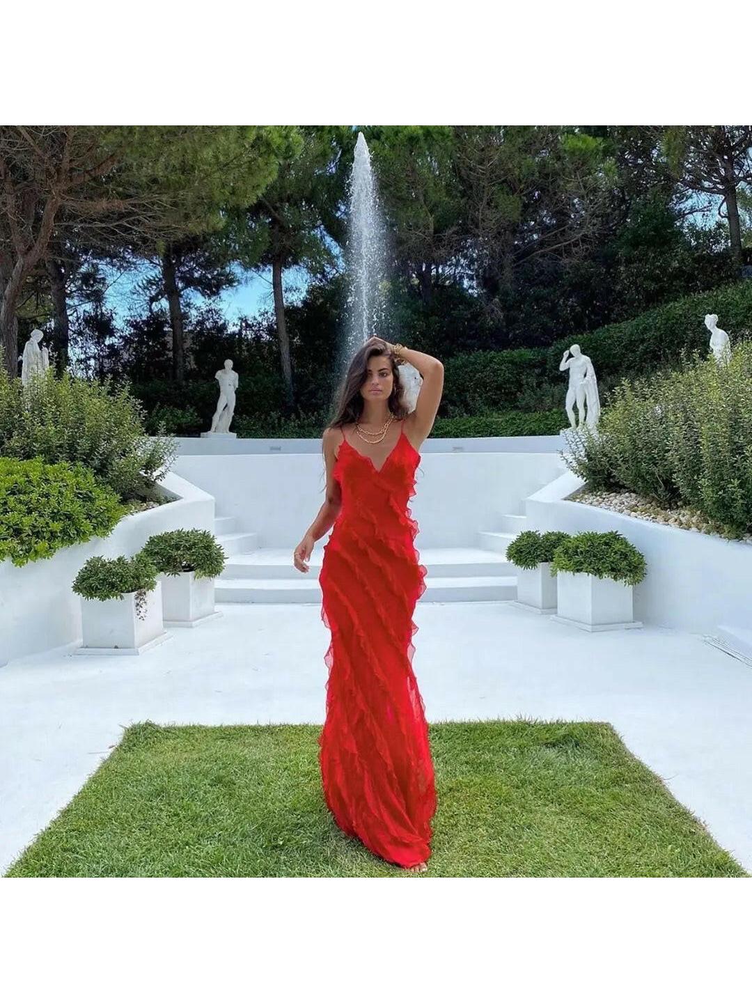 Red Aliza Ruffled Maxi Dress by Lumina Vancouver, perfect for wedding guests, featuring elegant ruffle details and flowing fabric.