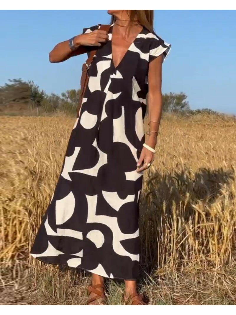 Black Alvina™ Relaxed Abstract Dress by Lumina Vancouver, featuring a loose fit and artistic print, perfect for casual wear.