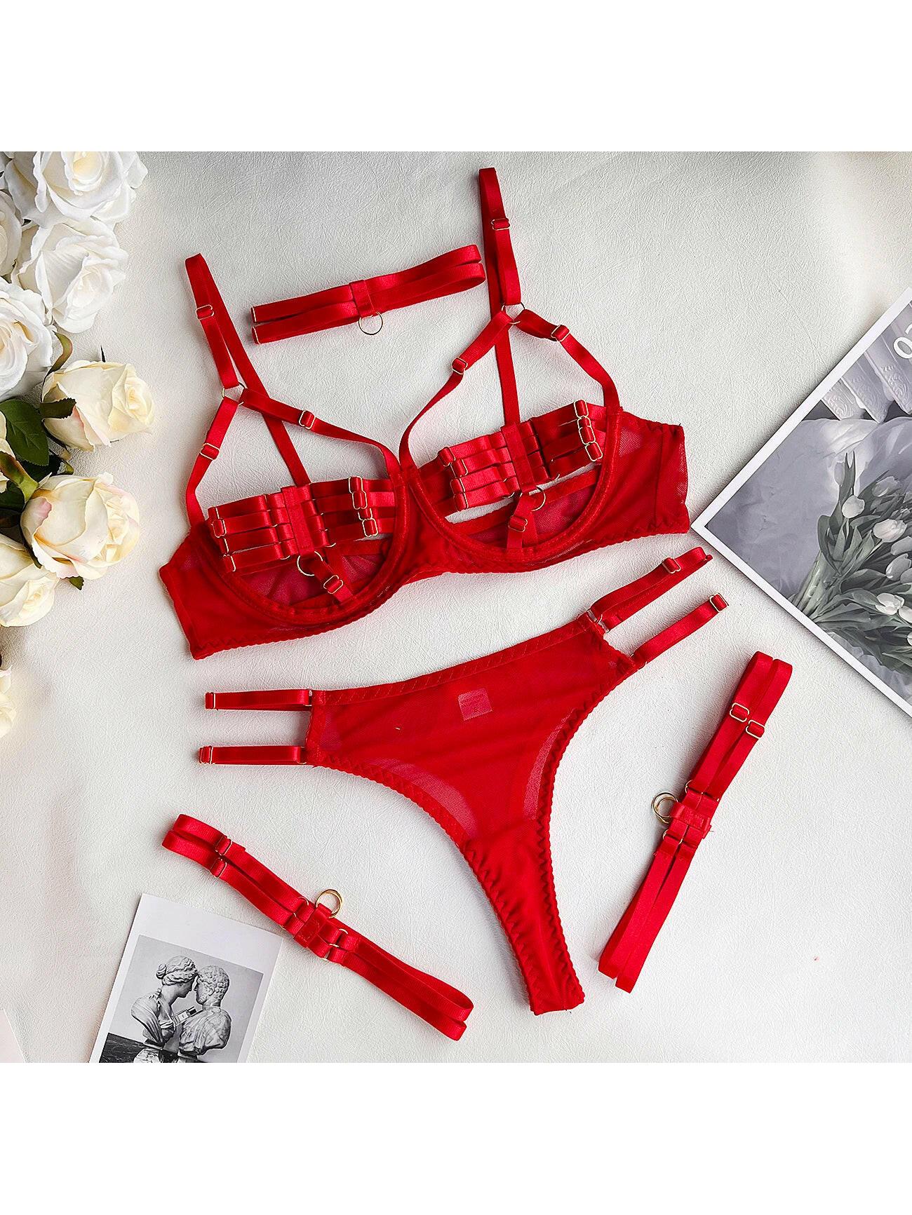 Purple Lumina Vancouver Oceane 4-piece lingerie set with bra, panties, and garter belt on a model.