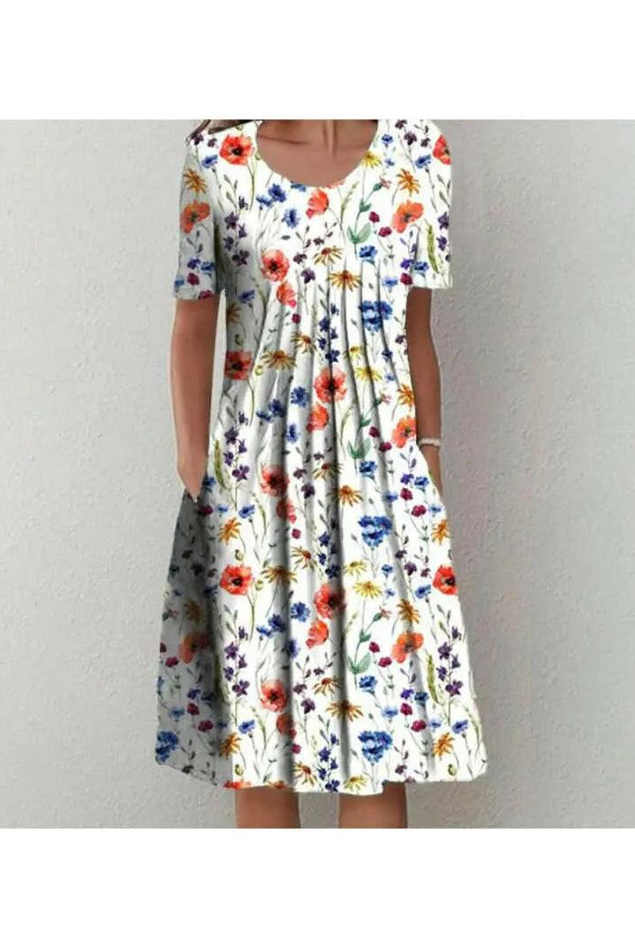 Red floral printed dress from Lumina Wear's Violette Classic collection, featuring a stylish, elegant dress design.