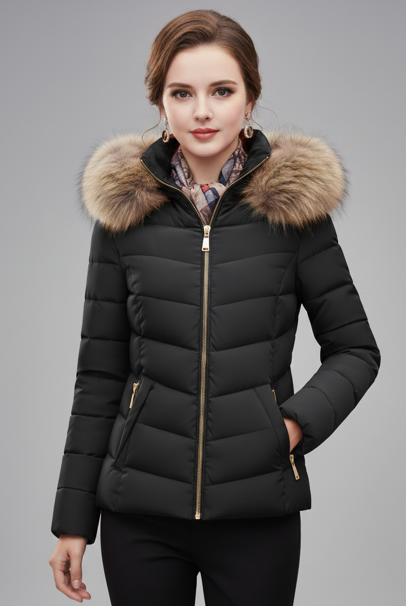 Black Amelia Lumina longline puffer coat with faux-fur hood, showcasing sleek design and cozy winter style.