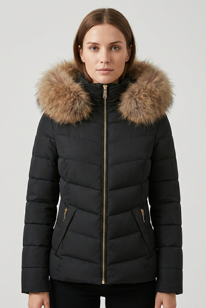 Black Amelia Lumina longline puffer coat with faux-fur hood, sleek design, and insulated warmth for cold weather.