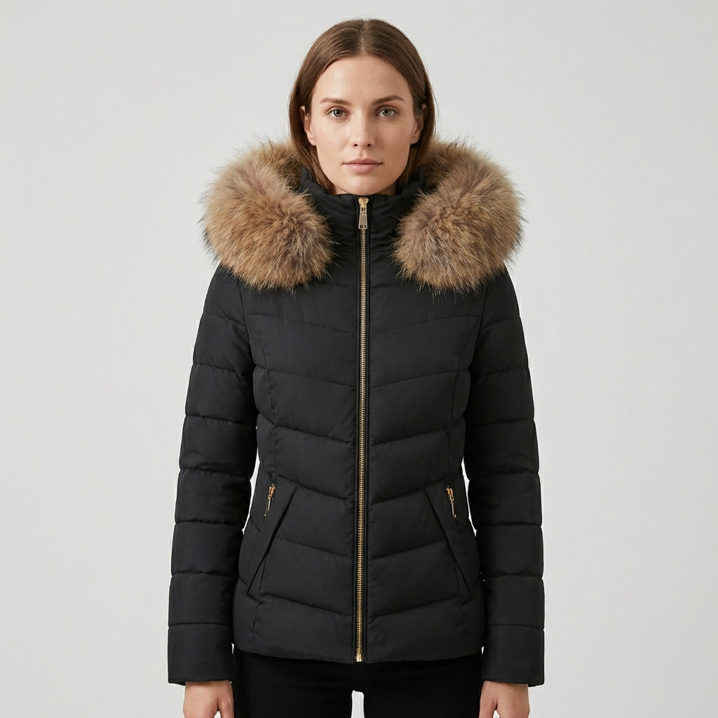 Black Amelia Lumina longline puffer coat with faux-fur hood, sleek design, and insulated warmth for cold weather.