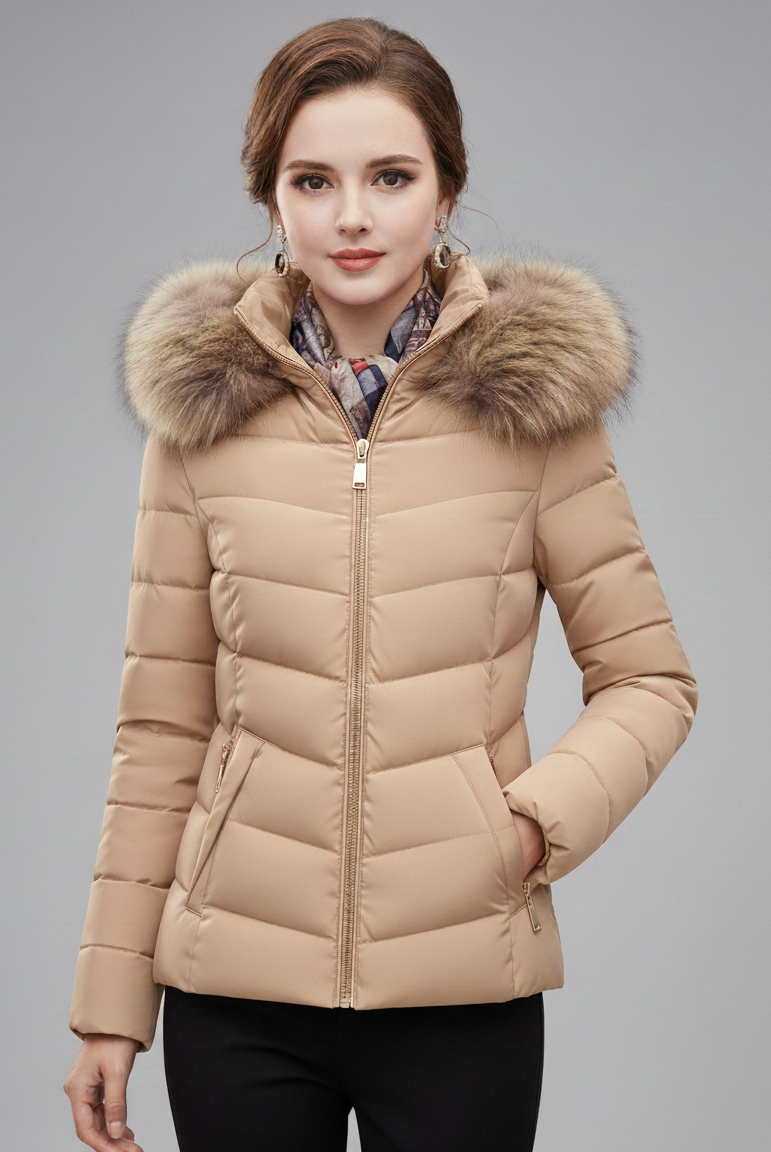 Black Amelia Lumina Wear longline puffer coat with faux-fur hood, stylish and warm winter outerwear for women.
