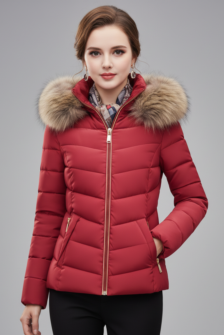 Black Lumina Wear Amelia longline puffer coat with faux-fur hood, sleek design, and insulated for warmth.