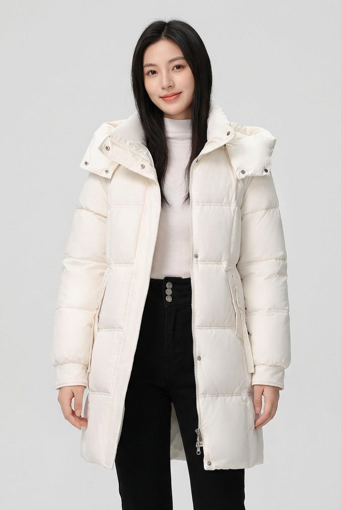 Black Amelia Lumina Wear hooded longline puffer coat with belt, stylish insulated winter outerwear in XS size.