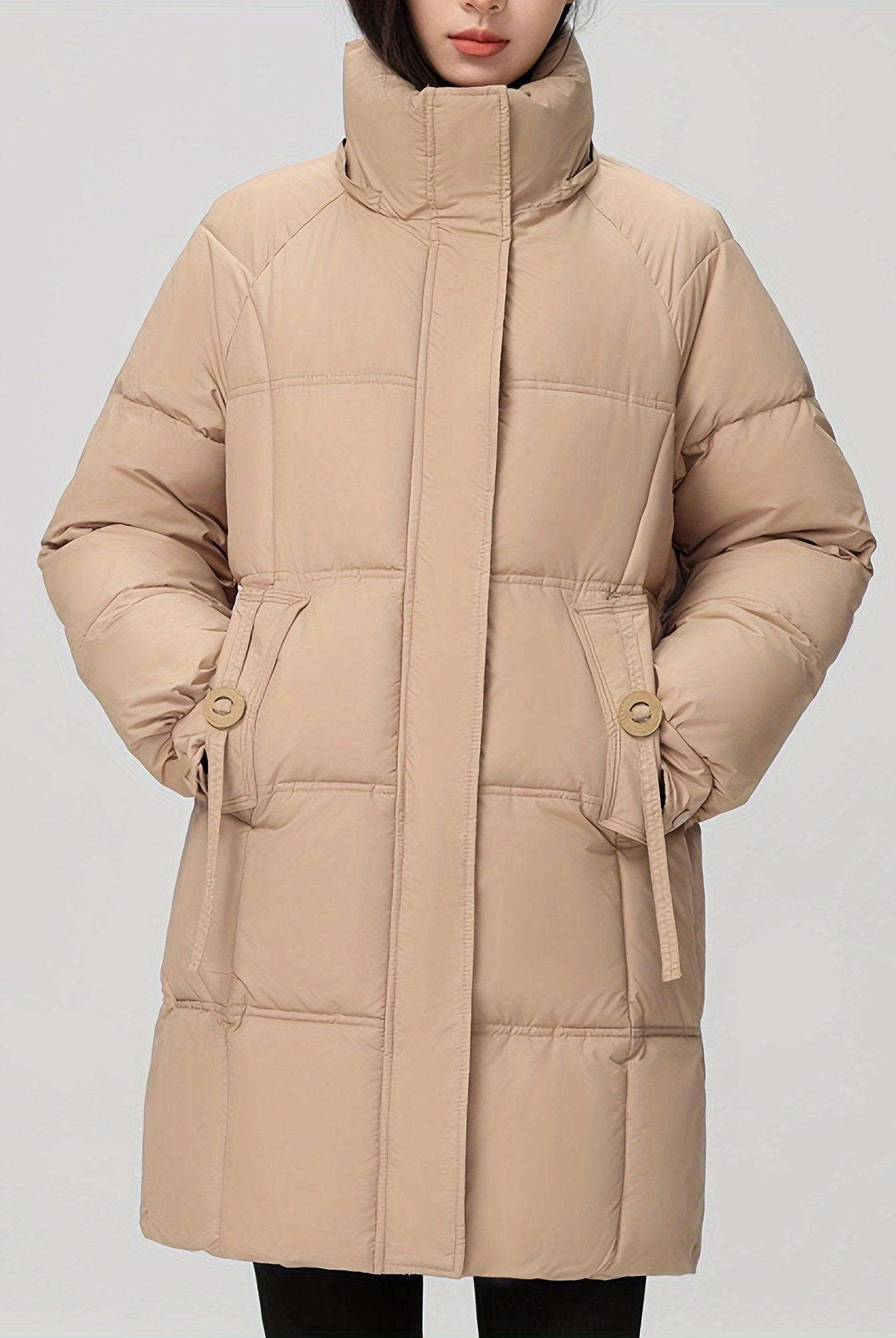 Black Amelia Lumina Wear hooded longline puffer coat with belt, stylish and warm winter outerwear for women.