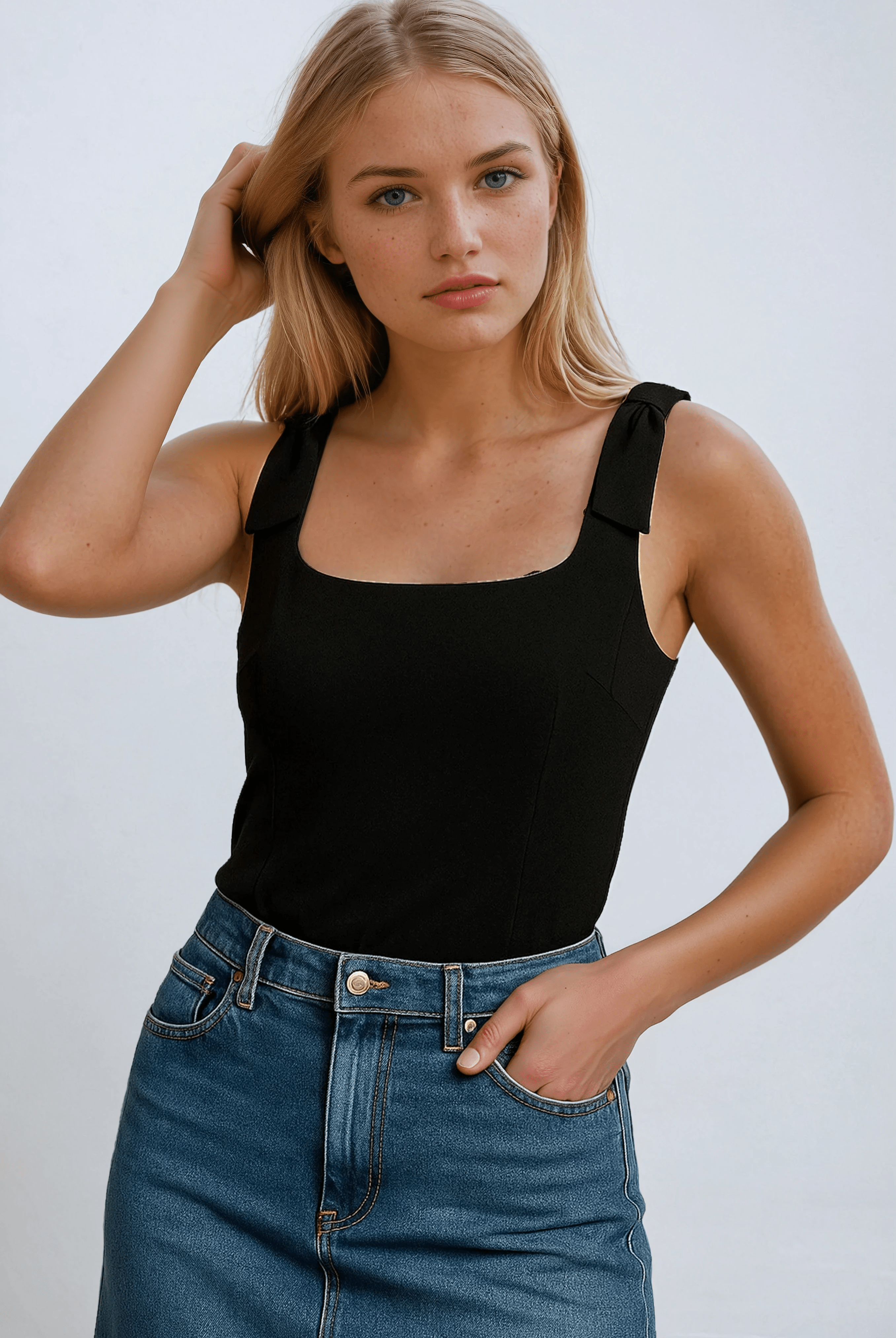 Black Lumina Wear Amelie camisole with elegant bow detail and zipper closure, featuring a fitted design and sleeveless style.
