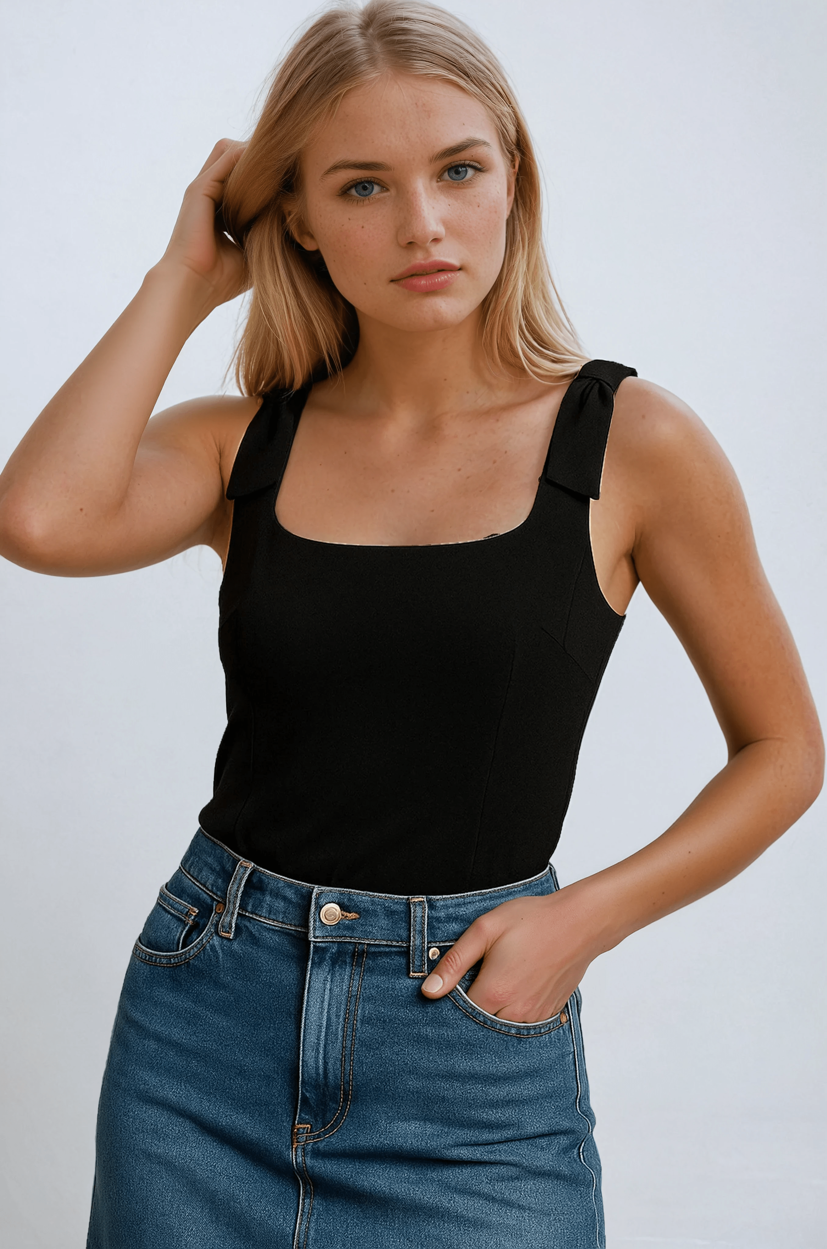 Black Lumina Wear Amelie camisole with elegant bow detail and zipper closure, featuring a fitted design and sleeveless style.