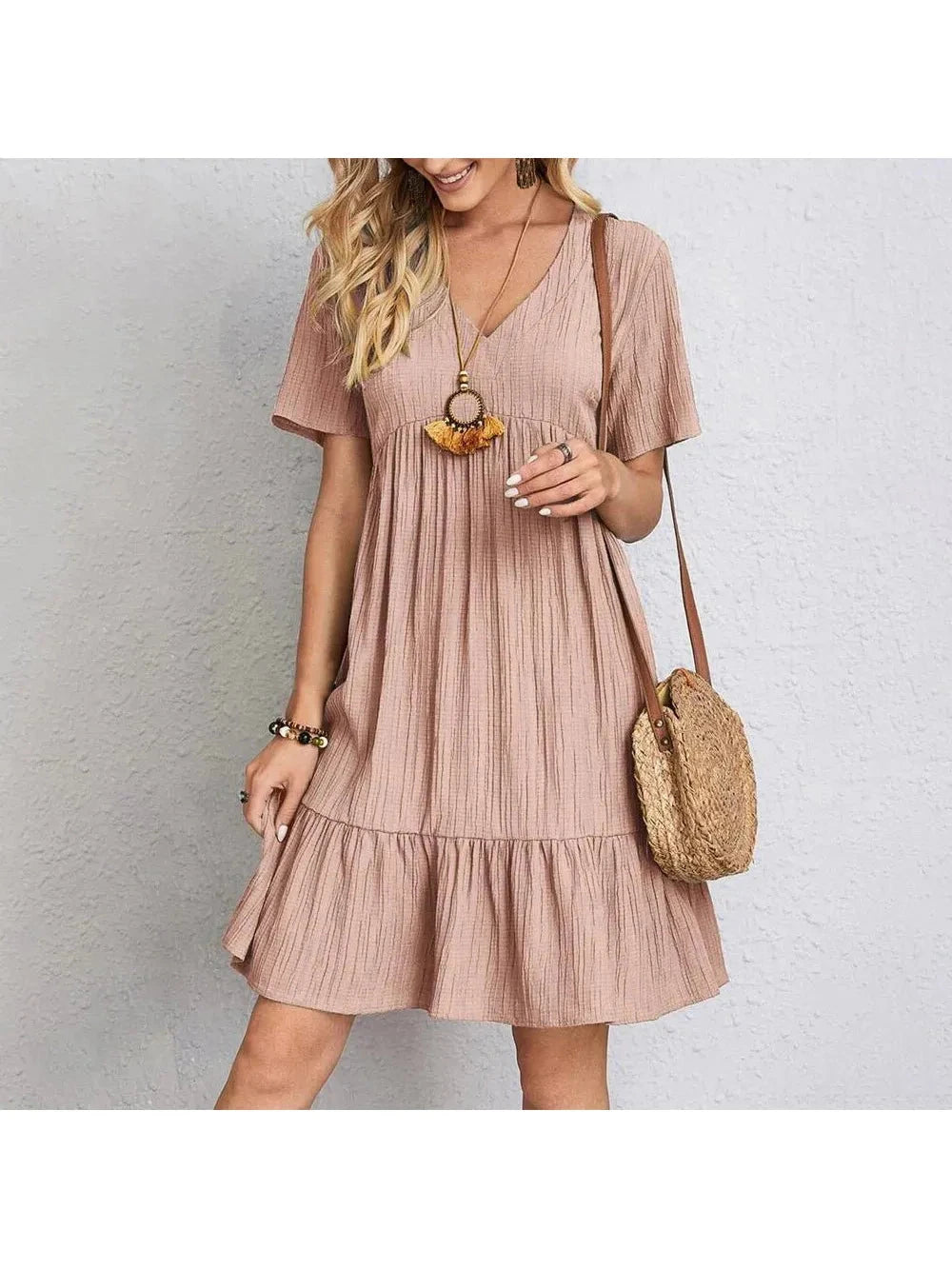 Brown AMY™ casual summer dress by Lumina Vancouver, lightweight and stylish for warm weather, shown on a hanger.