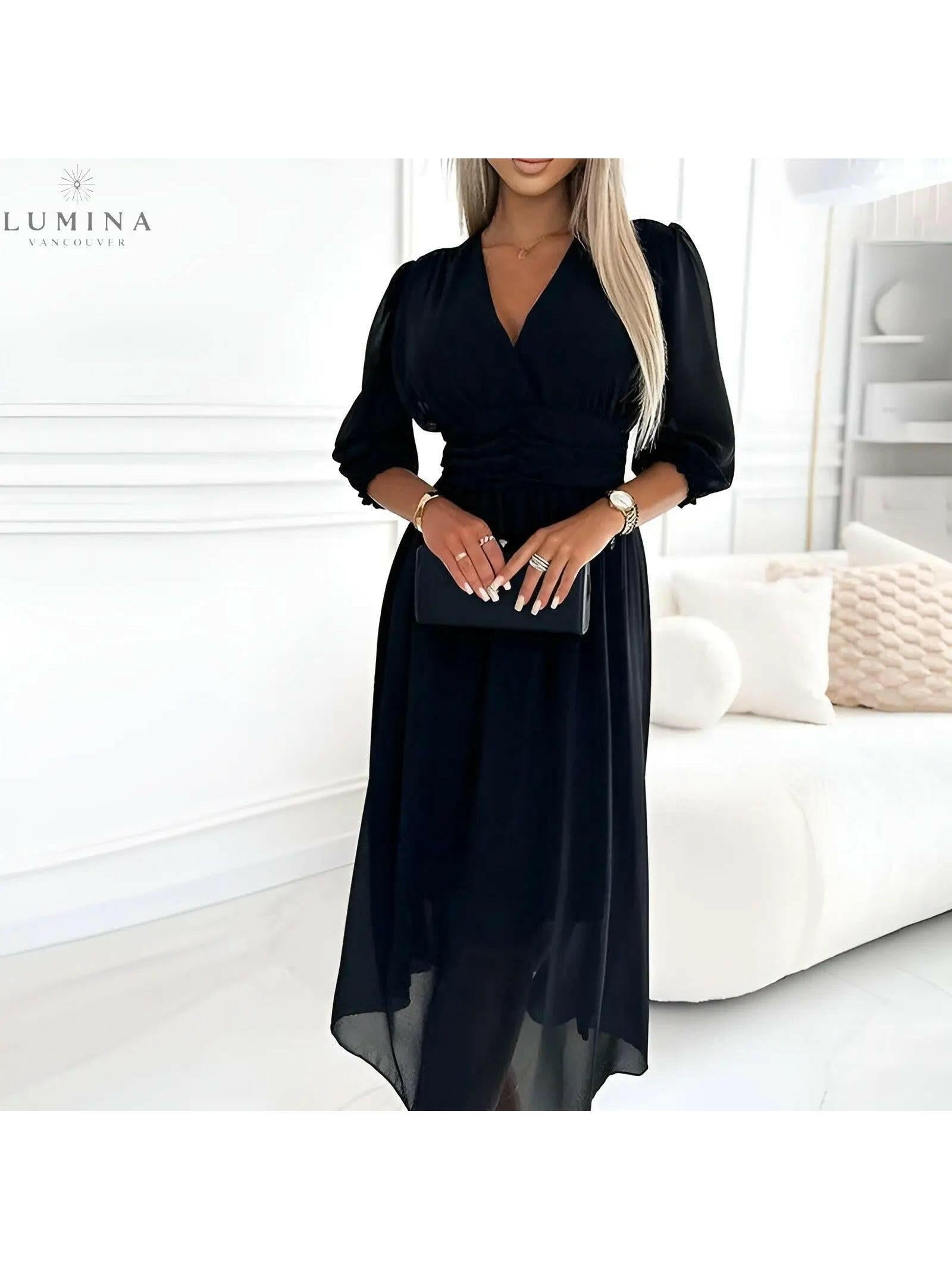 Blue Ana stylish wrap dress by Lumina Vancouver, perfect for wedding guests, shown on a size 8-10 model.