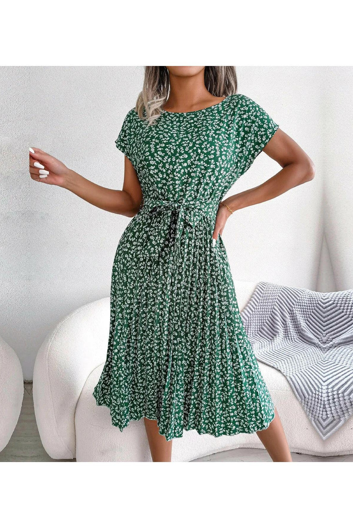 Blue Anabelle™ floral pleated midi dress by Lumina Vancouver, featuring elegant pleats and a flowy silhouette.