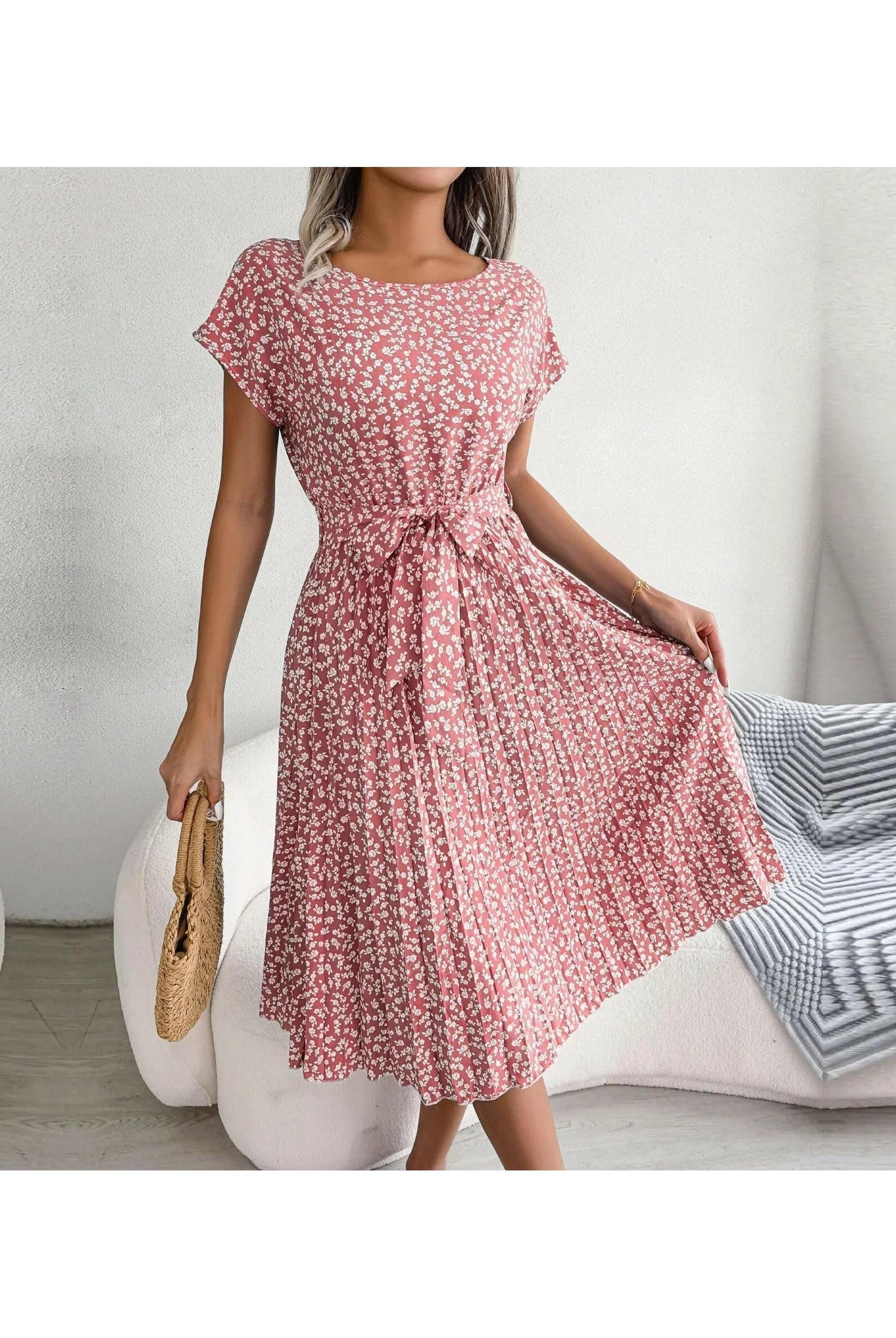 Blue Anabelle™ floral pleated midi dress by Lumina Vancouver, featuring elegant pleats and a flowy silhouette.