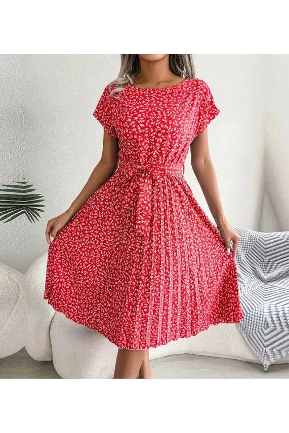 Blue Anabelle™ floral pleated midi dress by Lumina Vancouver, featuring a flowy, elegant design with detailed pleats.