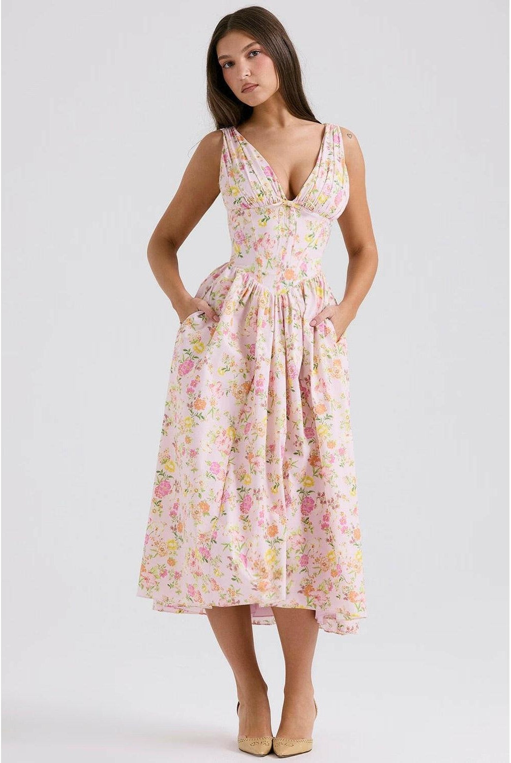 Yellow floral summer dress by Lumina Wear, Angelica style, featuring a flowing design perfect for warm weather.