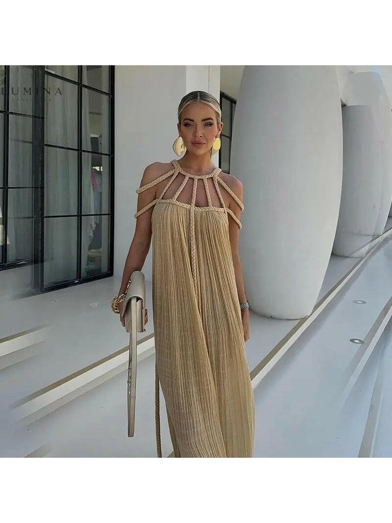 Annalise boho summer dress in khaki by Lumina Vancouver, featuring a relaxed fit and adjustable straps for holiday vibes.