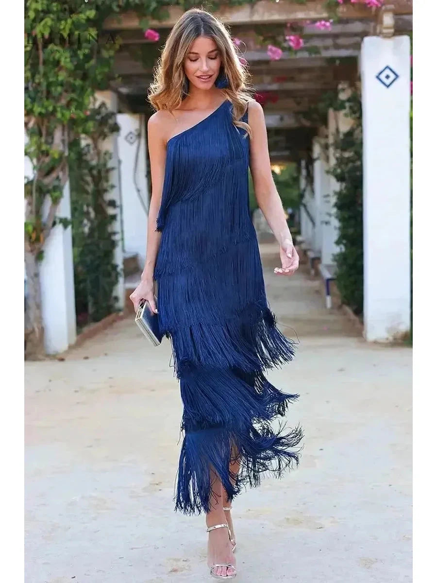 Blue Anne one-shoulder wedding guest dress by Lumina Vancouver, stylish and elegant for special occasions.